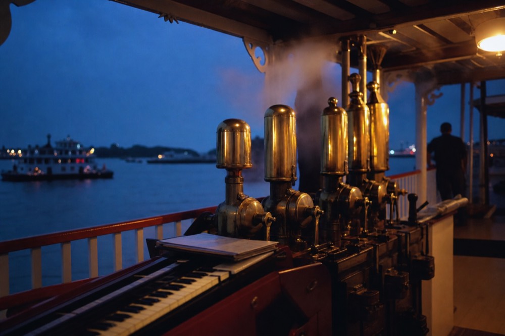 Row of brass steam whistles venting on a riverboat deck with a keyboard console in front of them