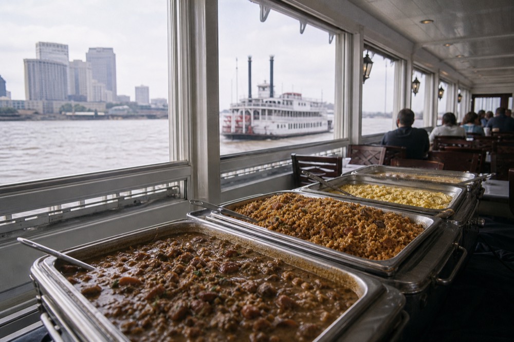 Steam trays of gumbo, jambalaya and breakfast dishes on a riverboat buffet line in a bright air-conditioned dining room